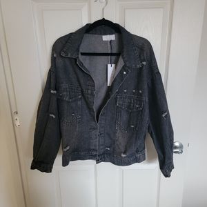 NWT SAGE The Label Loose Fitting Distressed Black Jean Jacket
